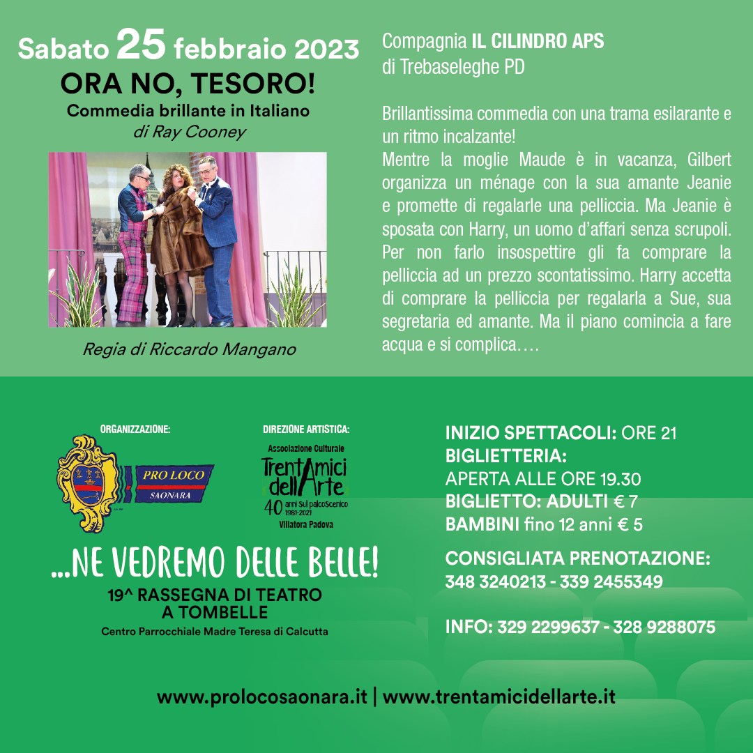 Scopri di più sull'articolo Sabato 25 Febbraio commedia ORA NO, TESORO!