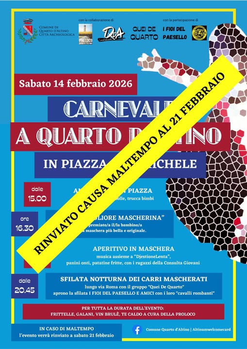 Scopri di più sull'articolo Carnevale a Quarto d’Altino Rinviato al 21 Febbraio