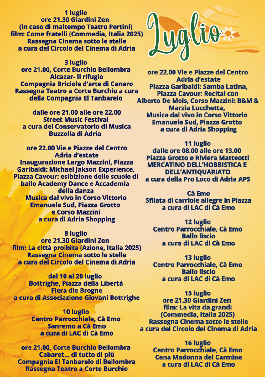 Scopri di più sull'articolo Adria Eventi Calendario di Luglio